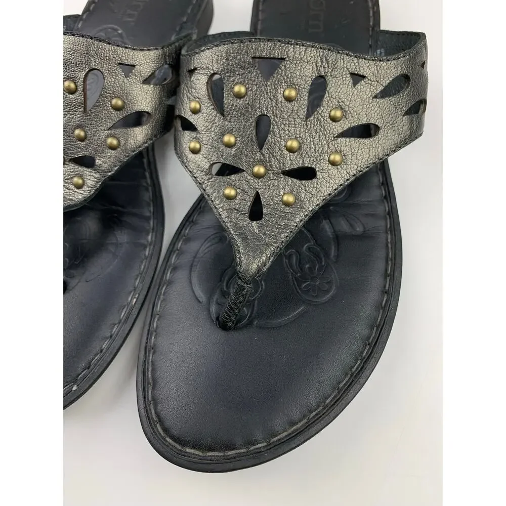 Born Akala Thong Sandals Metallic Pewter Leather Studded Boho Women's 8